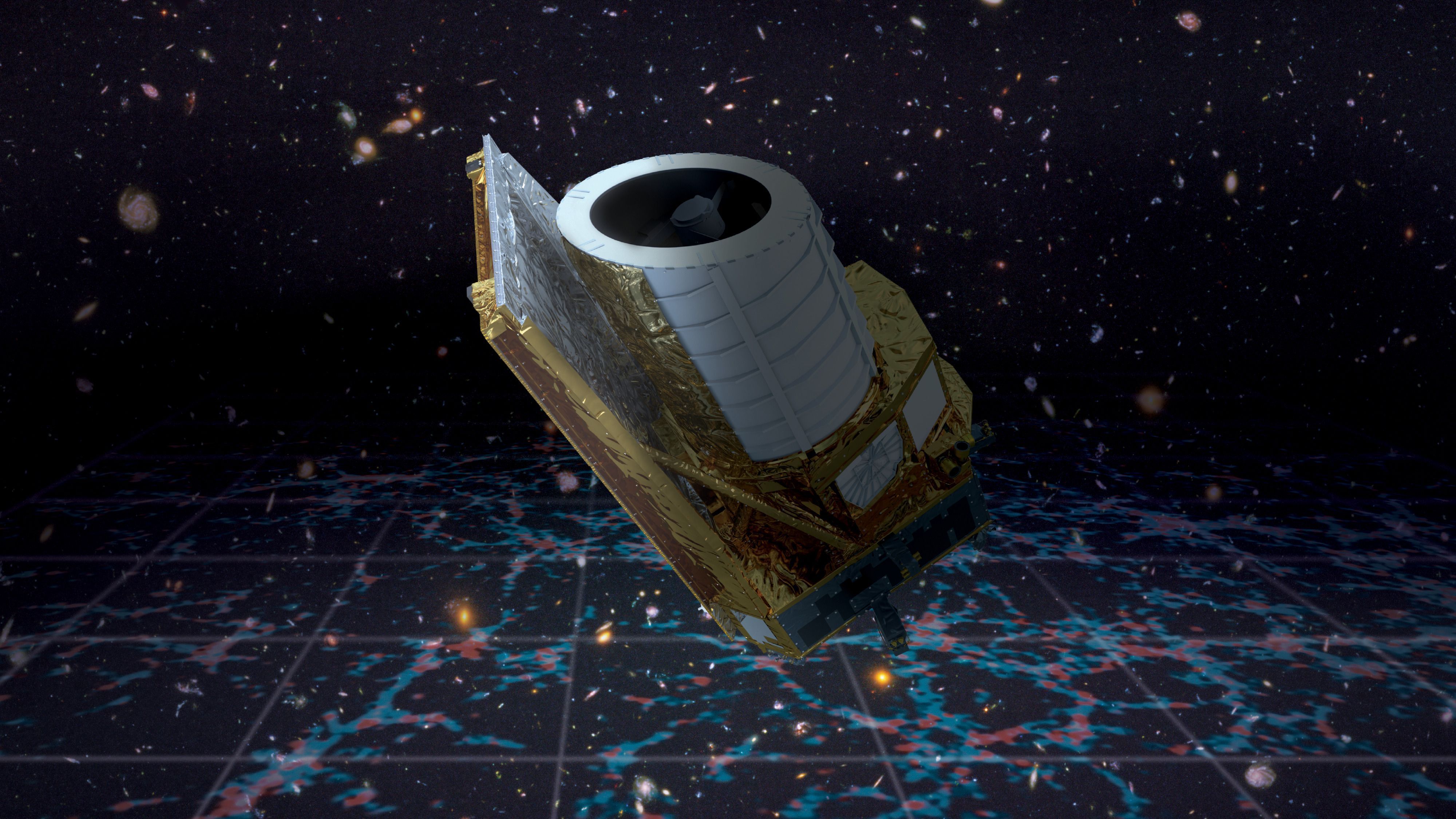 Artist impression of the Euclid mission in space.  ESA/Euclid/Euclid Consortium/NASA. Background galaxies: NASA, ESA, and S. Beckwith (STScI) and the HUDF Team 