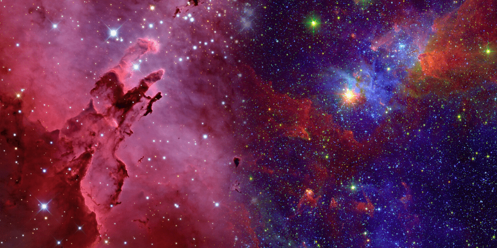 Stock image of the Pillars of Creation and other elements in space, coloured in pink and blue tones.