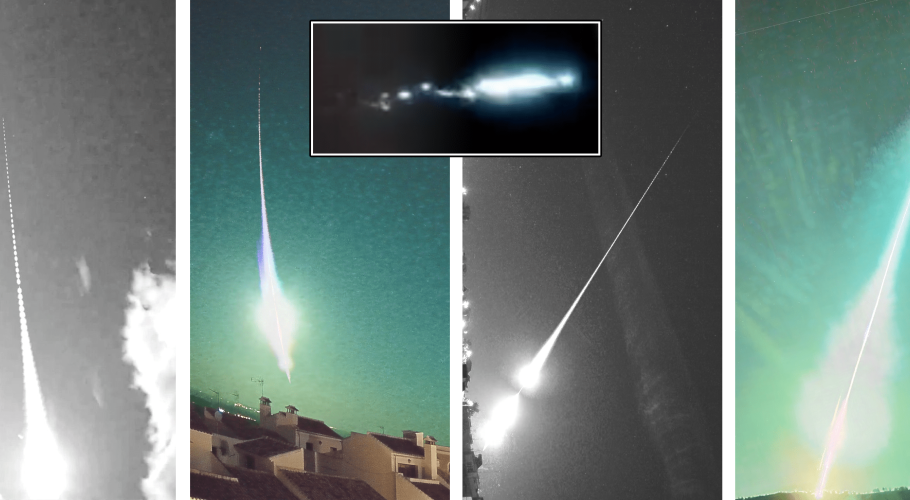 Frames from four videos used in the article to study the SPMN180524F superbolide. The images are max-combined from the video frames. Some saturated frames have been removed for illustration purposes. From left to right: Navianos de Valverde, Estepa, Sanlúcar de Barrameda, and Casas de Millán. At the center is a frame from a video shared on social media that captures the final part of the luminous phase. Credits: Eloy Peña-Asensio et al. 