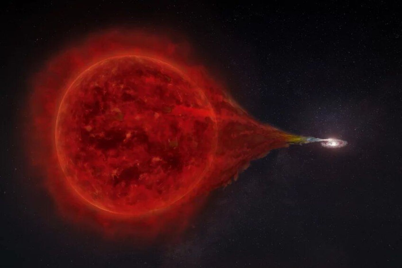 Artistic view of the nova RS Oph, composed of a white dwarf that accretes material from a red giant companion star. Credit: superbossa.com/MPP.