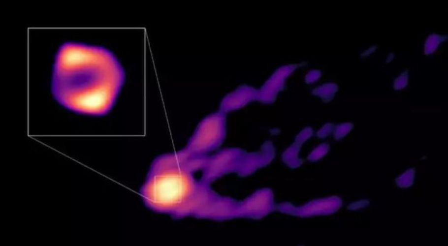 This image shows the jet and shadow of the black hole at the centre of the M87 galaxy together for the first time.Credits: R.-S. Lu (SHAO), E. Ros (MPIfR), S. Dagnello (NRAO/AUI/NSF).