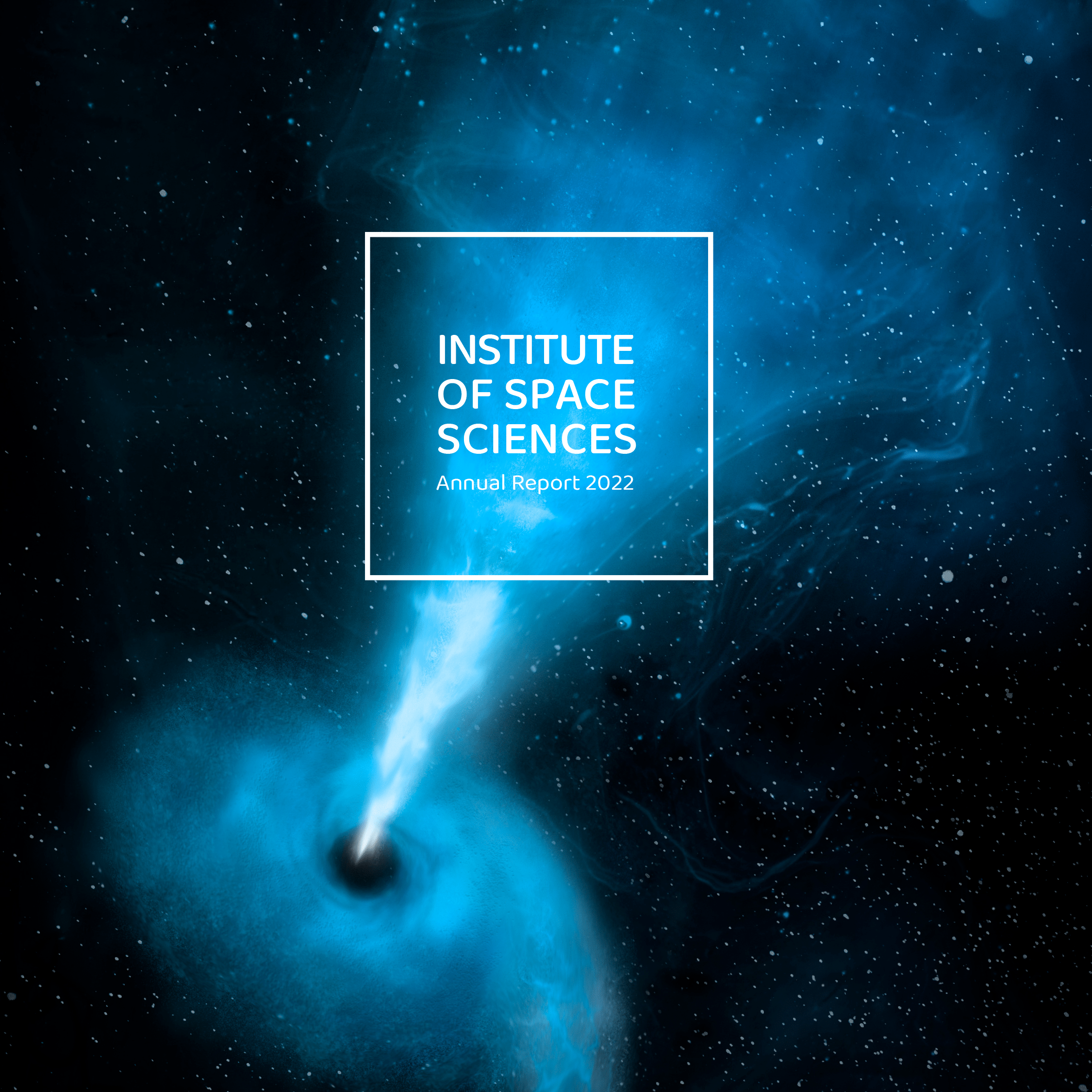 Cover of the Annual report 2022, in blue, with an image of an artistic impression of the disruption of a star by a supermassive black hole.