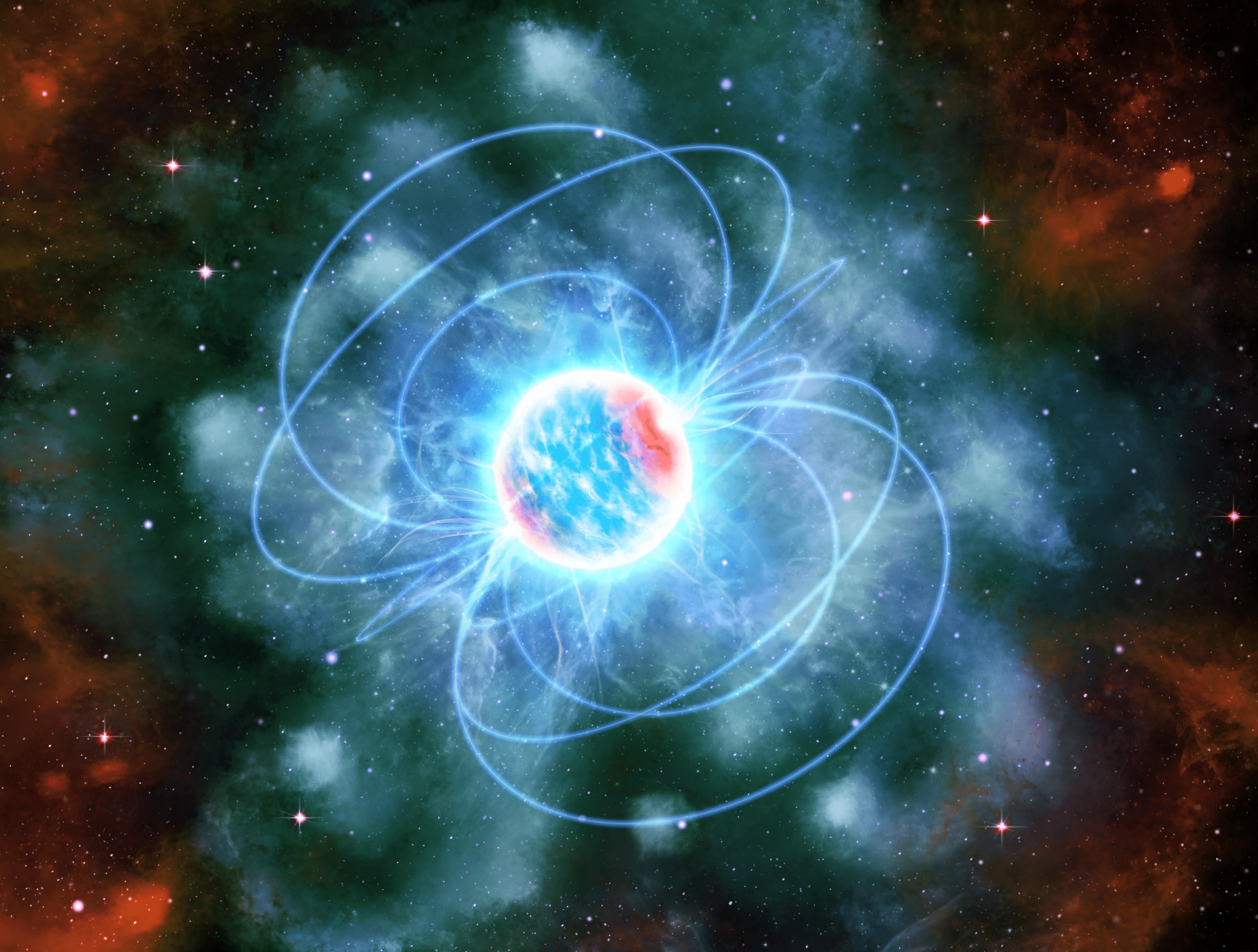 An artist's impression of a neutron star, shown as a bright blue and red sphere with spark-like features flying off it. Several blue magnetic field lines loop connect the sphere's two poles. The sphere is surrounded by a see-through blue cloud, and with a red cloud on the sides of the image. Stars are visible in the background. Credits: ICE-CSIC/D. Futselaar/Marino et al.