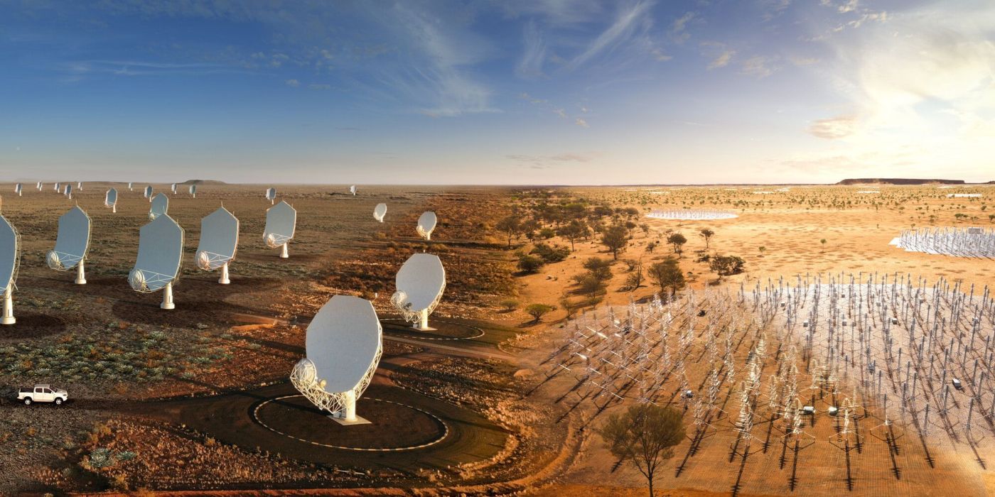 Composite image of the SKA telescopes, blending real hardware already on site with artist's impressions.  From left: An artist's impression of the future SKA-Mid dishes blend into the existing precursor MeerKAT telescope dishes in South Africa.  From right: An artist's impression of the future SKA-Low stations blends into the existing AAVS2.0 prototype station in Western Australia. Credit: SKAO