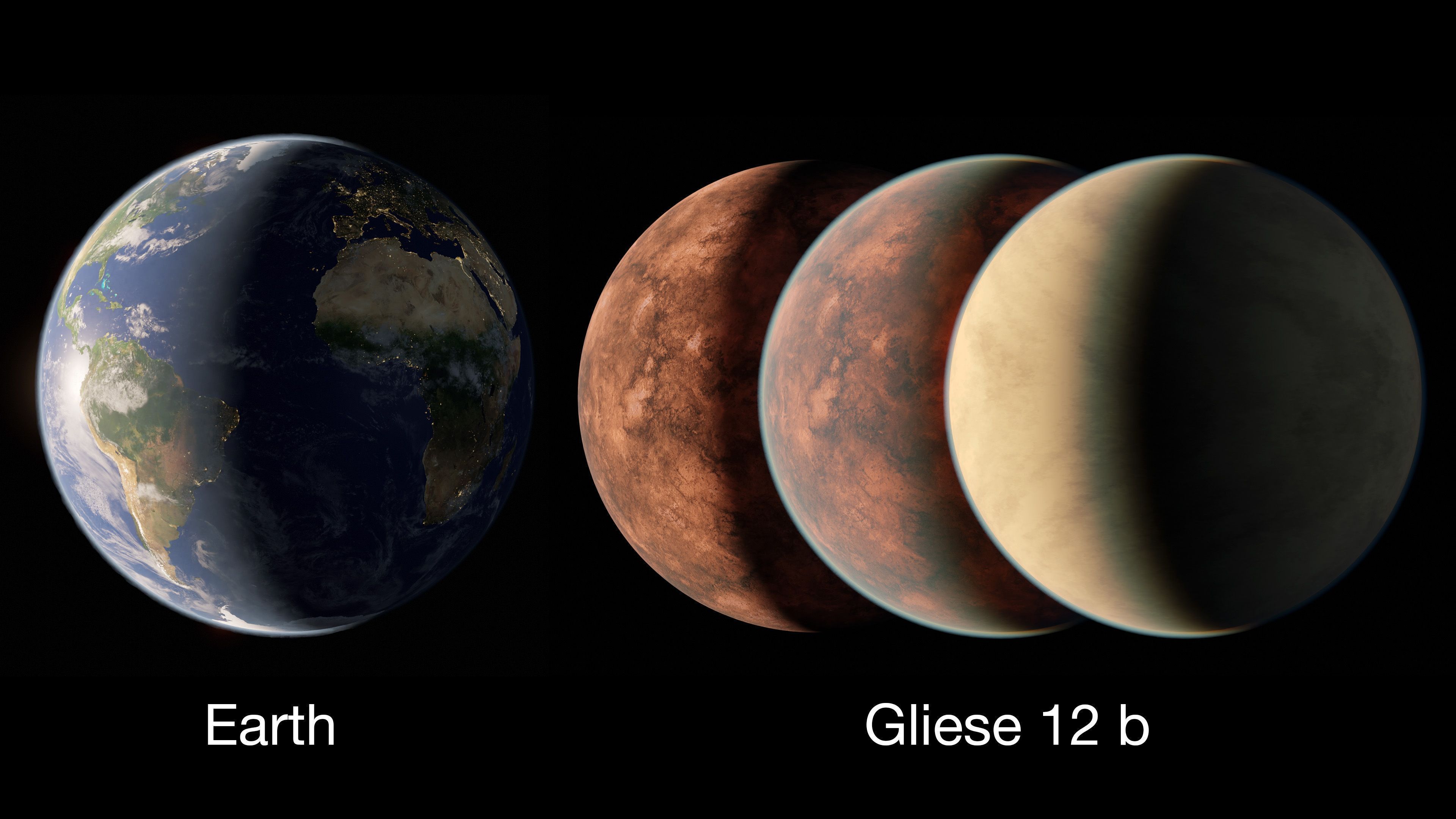 Gliese 12 b’s estimated size may be as large as Earth or slightly smaller—comparable to Venus in our solar system. This artist’s concept compares Earth with different possible Gliese 12 b interpretations, from no atmosphere to a thick Venus-like one. Follow-up observations with the James Webb Space Telescope will help determine just how much atmosphere the planet retains as well as its composition. Credits: NASA/JPL-Caltech/R. Hurt (Caltech-IPAC)