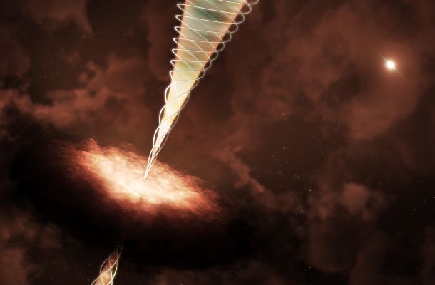 This artist's illustration shows the twisted, funnel-shaped magnetic field (represnted by white spiral lines) that ALMA detected wrapped around the gas outflow streaming from a young star embedded in the NGC 1333 IRAS 4A. New data revealed this ring-shaped structure in unprecedented detail, confirming a decades-old prediction of how magnetic fields launch and shape powerful jets from protostars. Image credit NSF/AUI/NSF NRAO/M. Weiss.  