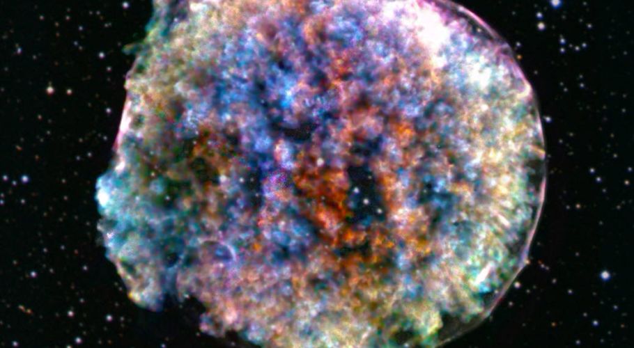 Composite image of the Tycho Supernova in the constellation Cassiopeia. Chandra’s X-ray data have been combined with an optical image of the stars in the same field of view from the Digitized Sky Survey. Credits: X-ray: NASA/CXC/RIKEN & GSFC/T. Sato et al; Optical: DSS