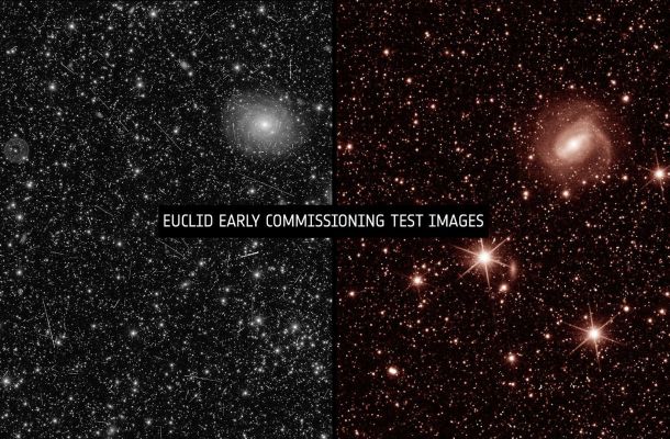 Els dos instruments d'Euclid han capturat les primeres imatges de prova. La imatge de l'esquerra va ser presa per l'instrument VISible (VIS) d'Euclid i la imatge de la dreta va ser presa per l'espectròmetre i el fotòmetre d'infraroig proper (NISP) d'Euclid. No són a la mateixa escala. Aquestes primeres imatges de prova es van prendre per verificar els instruments i revisar com es pot ajustar i refinar encara més la nau espacial. Crèdits: ESA/Euclid/Euclid Consortium/NASA, CC BY-SA 3.0 IGO.