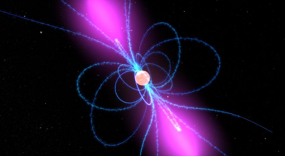 Image extracted from an animation that shows a spinning pulsar, with its strong magnetic field rotating along with it. Clouds of charged particles move along the field lines and their gamma-rays (purple) are beamed like a lighthouse beacon by the magnetic fields. Credits: NASA/Goddard Space Flight Center Conceptual Image Lab