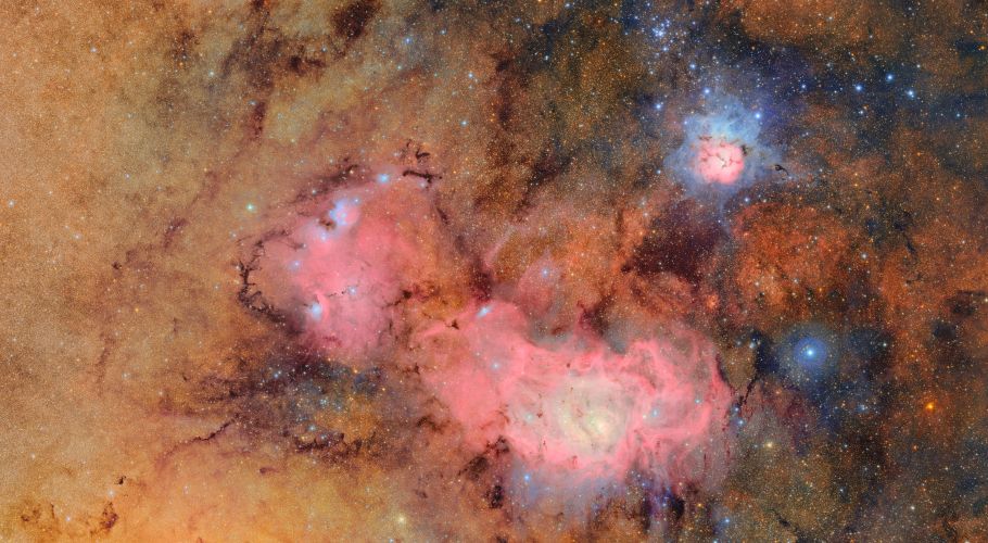 Vera C. Rubin Observatory's first light images of the Trifid and Lagoon nebulas. This image combines 678 separate images taken by NSF-DOE Vera C. Rubin Observatory in just over seven hours of observing time. Combining many images in this way clearly reveals otherwise faint or invisible details, such as the clouds of gas and dust that comprise the Trifid nebula (top right) and the Lagoon nebula, which are several thousand light-years away from Earth. Credits: NSF-DOE Vera C. Rubin Observatory.