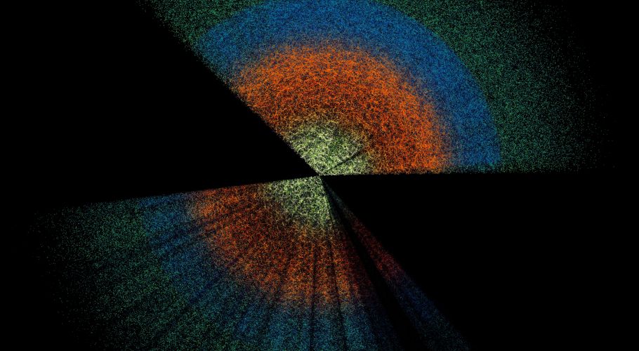 Map of the distribution of galaxies observed by the DESI collaboration, from which it is possible to accurately measure the velocities of galaxies. Credits: Claire Lamman/DESI collaboration; custom colormap package by cmastro.
