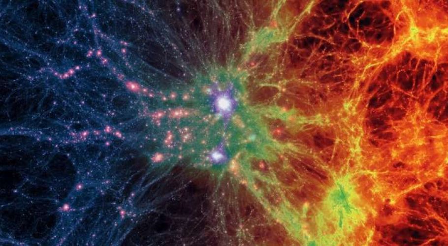 A simulation of the ‘cosmic web’, the vast network of threads and filaments that extends throughout the Universe. Dark matter density is represented by the blue-purple colours on the left. Gas density is represented by the orange-red colours on the right. Credits: ESA.