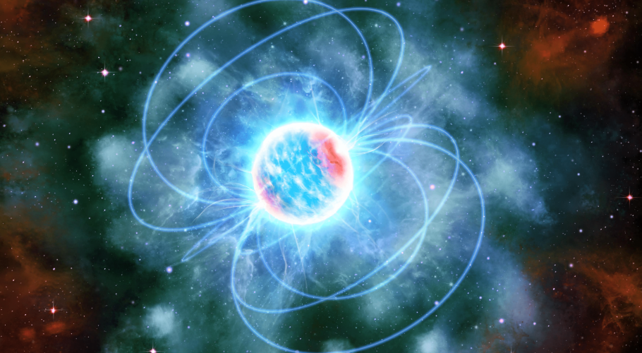 An artist's impression of a neutron star, shown as a bright blue and red sphere with spark-like features flying off it. Several blue magnetic field lines loop connect the sphere's two poles. The sphere is surrounded by a see-through blue cloud, and with a red cloud on the sides of the image. Stars are visible in the background. Credits: ICE-CSIC/D. Futselaar/Marino et al.