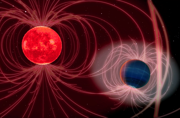 Artistic representation of GJ 436 b in the foreground and its host star in the background. Credits: IAA-CSIC/LampScience