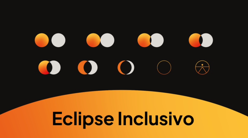  Representació artística de les fases d'un eclipsi de Sol, seguit del símbol d'accessibilitat universal dissenyat per les Nacions Unides el 2015. Crèdits: Xurris & Co.