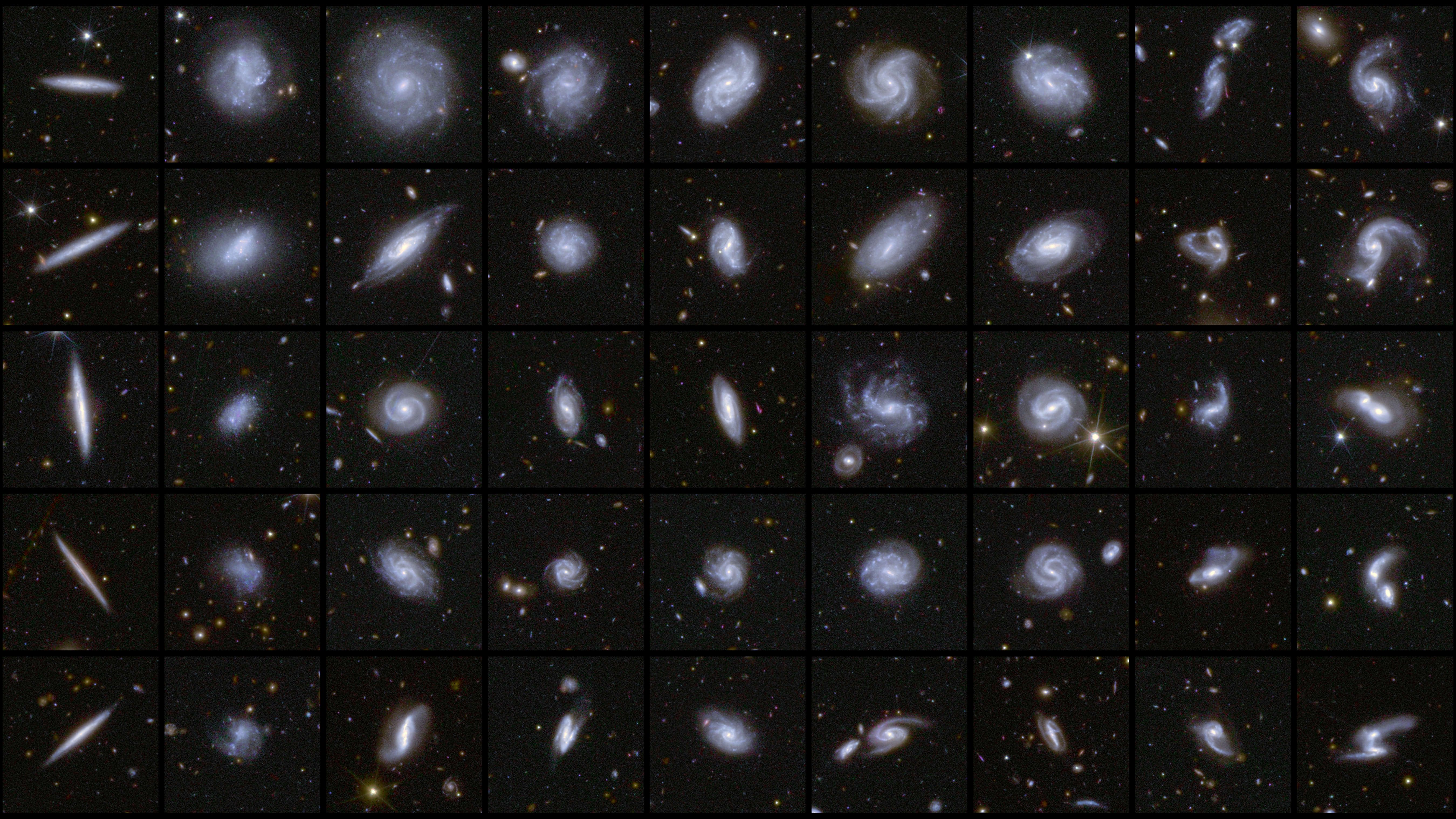 Galaxies in different shapes, all captured by Euclid during its first observations of the Deep Field areas. As part of the data release, a detailed catalogue of 380,000 galaxies was published, which have been classified according to features such as spiral arms, central bars, and tidal tails that infer merging galaxies. Credits: ESA/Euclid/Euclid Consortium/NASA, image processing by M. Walmsley, M. Huertas-Company, J.-C. Cuillandre.