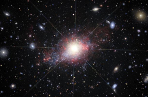 Il·lustració artística d’una galàxia nana amb nuclis actius de galàxia. Crèdits: NOIRLab/NSF/AURA/J. da Silva/M. Zamani