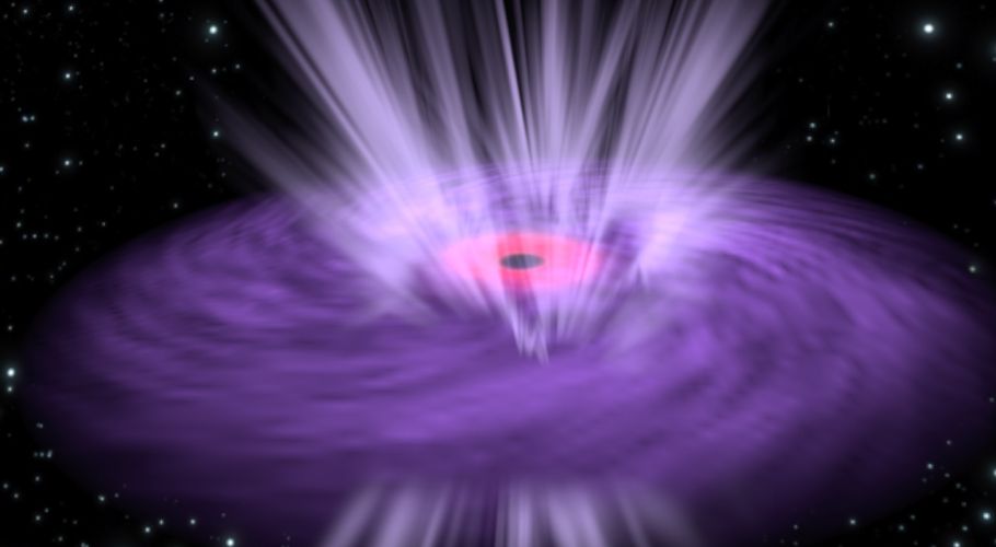 Artist impression illustrating a supermassive black hole with X-ray emission emanating from its inner region (pink) and ultrafast winds streaming from the surrounding disk (purple). 