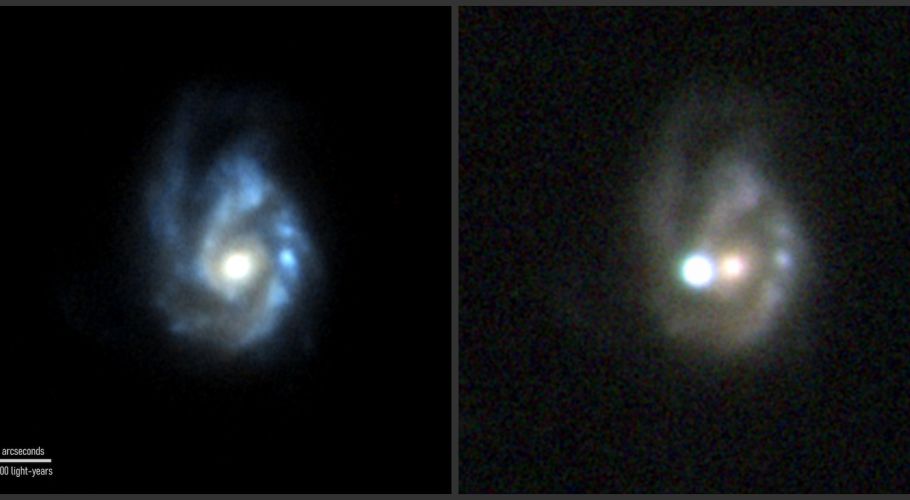 The superluminous supernova SN 2017egm was discovered by the European Space Agency’s Gaia mission on May 23, 2017. It exploded in a massive barred spiral galaxy known as NGC 3191, shown on the left before the eruption. The image at right, taken on July 1, 2017, shows the supernova outshining its entire galaxy. Credits: Left, SDSS and PS1; right, NOT+ALFSOC/Bose et al. 2020