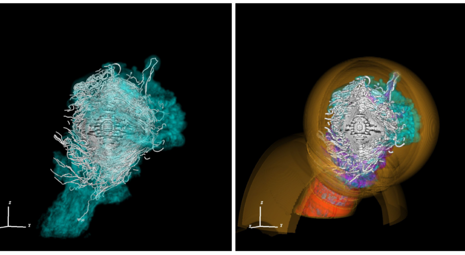 Rendering of the 3D magnetohydrodynamic pulsar wind nebula models, considered without and with their complex environments shaped by their progenitor star before the explosion. The various colors highlight the stellar wind bubble created by the pulsar’s massive progenitor star throughout its life and the materials therein. The white tubes trace the magnetic field lines in the pulsar wind. Credits: Meyer, et al. (2025). 3D magnetohydrodynamic simulations of runaway pulsars in core-collapse supernova remnants. A&A, 696, L9. 