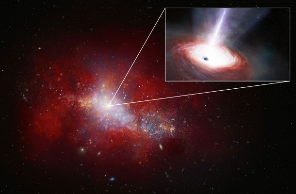 Interpretació artística del forat negre que s’alimenta més ràpid a l’univers primerenc.. Crèdits: NOIRLab/NSF/AURA/J. da Silva/M. Zamani.