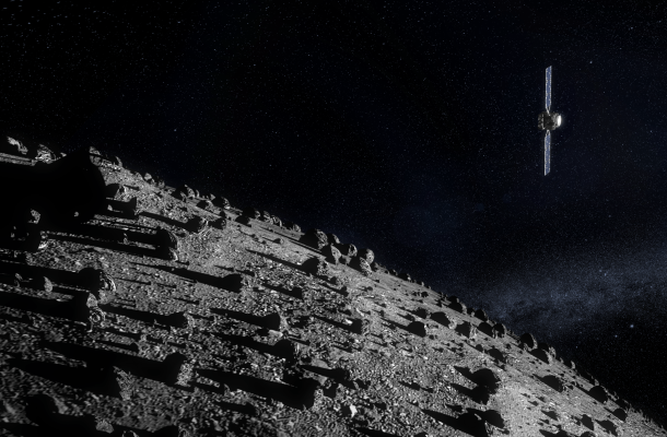 Representació per ordinador de la missió Hera de l'ESA apropant-se a l'asteroide Dimorphos. Crèdits: ESA-Science Office.
