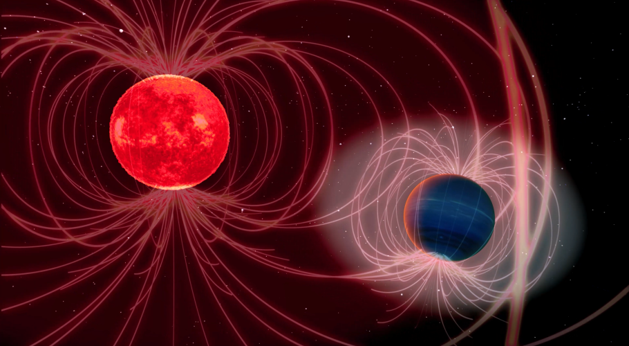 Artistic representation of GJ 436 b in the foreground and its host star in the background. Credits: IAA-CSIC/LampScience