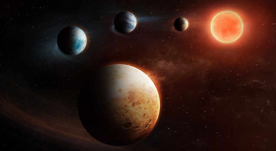 Artist impression of the planetary system around the star LHS 1903 (distances and sizes of the planets are not to scale). Credits: ESA
