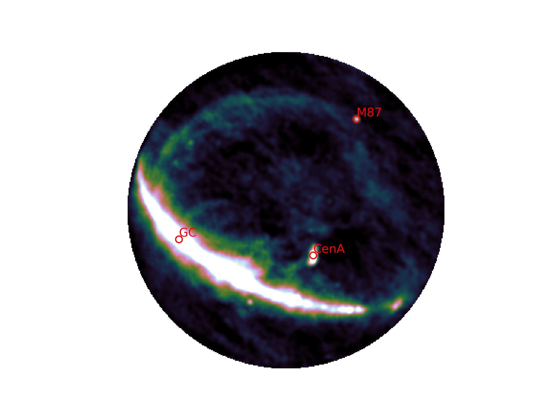 This image emphasises the large-scale structure from our Milky Way. Famous structures known from other radio surveys such as the North Polar Spur can be seen. Several notable locations are marked: the Galactic Centre (GC), the nearby radio galaxy Centaurus A (CenA), and M87, the giant elliptical galaxy in the Virgo Cluster.  This data was obtained at Inyarrimanha Ilgari Bundara, the CSIRO Murchison Radio-astronomy Observatory. We acknowledge the Wajarri Yamaji as the Traditional Owners and Native Title Holders of the observatory site. Credits: SKAO