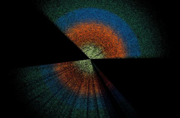 Mapa de la distribució de galàxies observades per la col·laboració DESI, a partir del qual és possible mesurar amb precisió les velocitats de les galàxies. Crèdits: Claire Lamman/Col·laboració DESI; paquet de mapes de color personalitzats de cmastro.