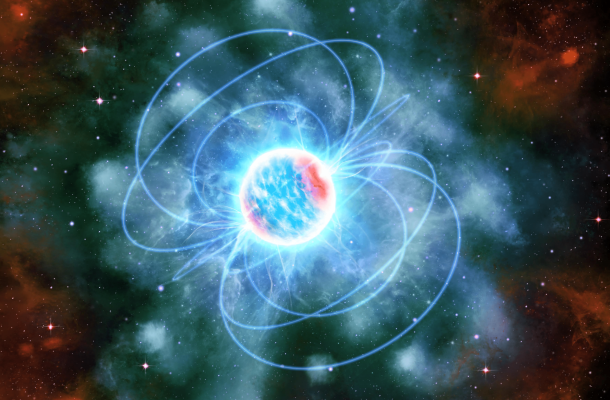 Impressió artística d'una estrella de neutrons, mostrada com una esfera blava i vermella brillant amb trets semblants a espurnes que en surten volant. Diverses línies blaves de camp magnètic connecten els dos pols de l'esfera. L'esfera està envoltada per un núvol blau transparent i amb un núvol vermell als costats de la imatge. Al fons de la imatge es veuen estrelles. Crèdits: ICE-CSIC/D. Futselaar/Marino et al.