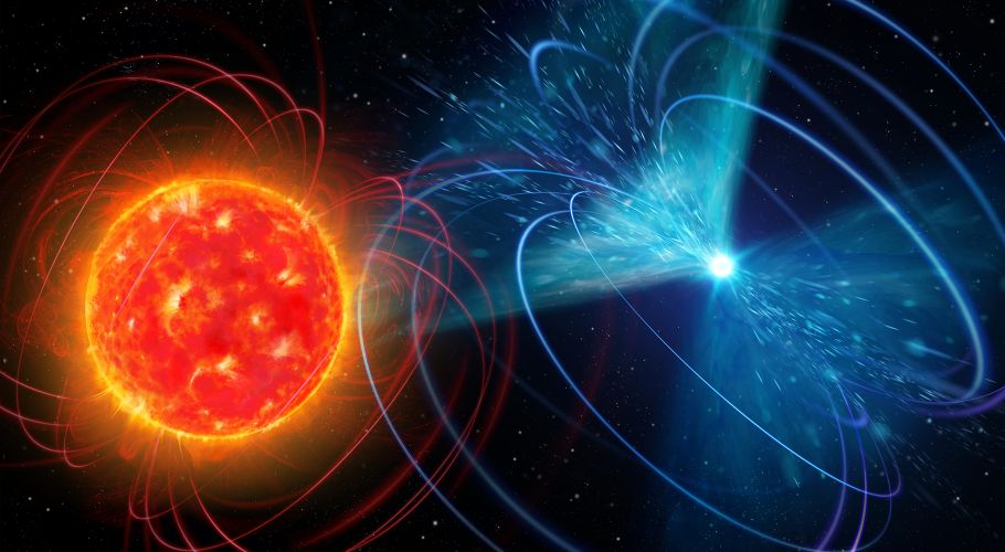 Artistic impression of the red dwarf and white dwarf interaction of the long-period transient GPM J1839-10. Credits: D. Futselaar/Horvath, Rea, Hurley-Walker et al. 2026