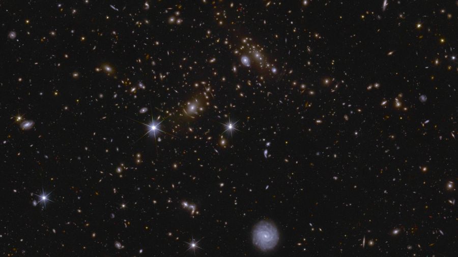 Various huge galaxy clusters as well as intra-cluster light, and gravitational lenses are visible in this image of an area of Euclid’s Deep Field South. The cluster near the centre is called J041110.98-481939.3, and is located almost 6 billion light-years away. Credits: ESA/Euclid/Euclid Consortium/NASA, image processing by J.-C. Cuillandre, E. Bertin, G. Anselmi.