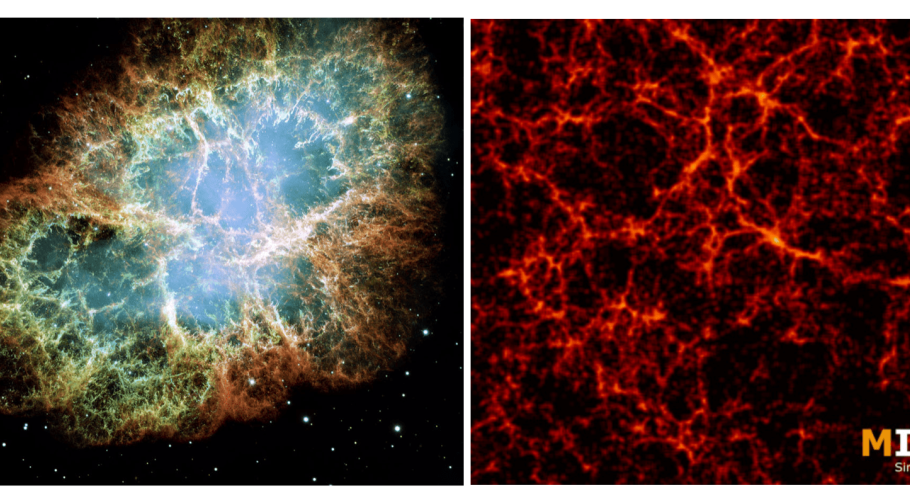 The image on the left shows the Crab Nebula, a remnant of a supernova. This could be a small analog of our universe today, represented by a simulation (MICE) in the image on the right.