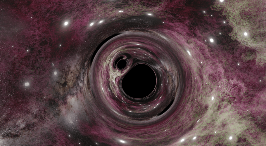 A 31.5 solar-mass black hole with an 8.38 solar-mass black hole companion viewed in front of its (computer generated) stellar nursery prior to merging. The distant band of the Milky Way can be seen toward the lower-left of the black hole pair. Light is warped nearby the black holes due to their strong gravity.