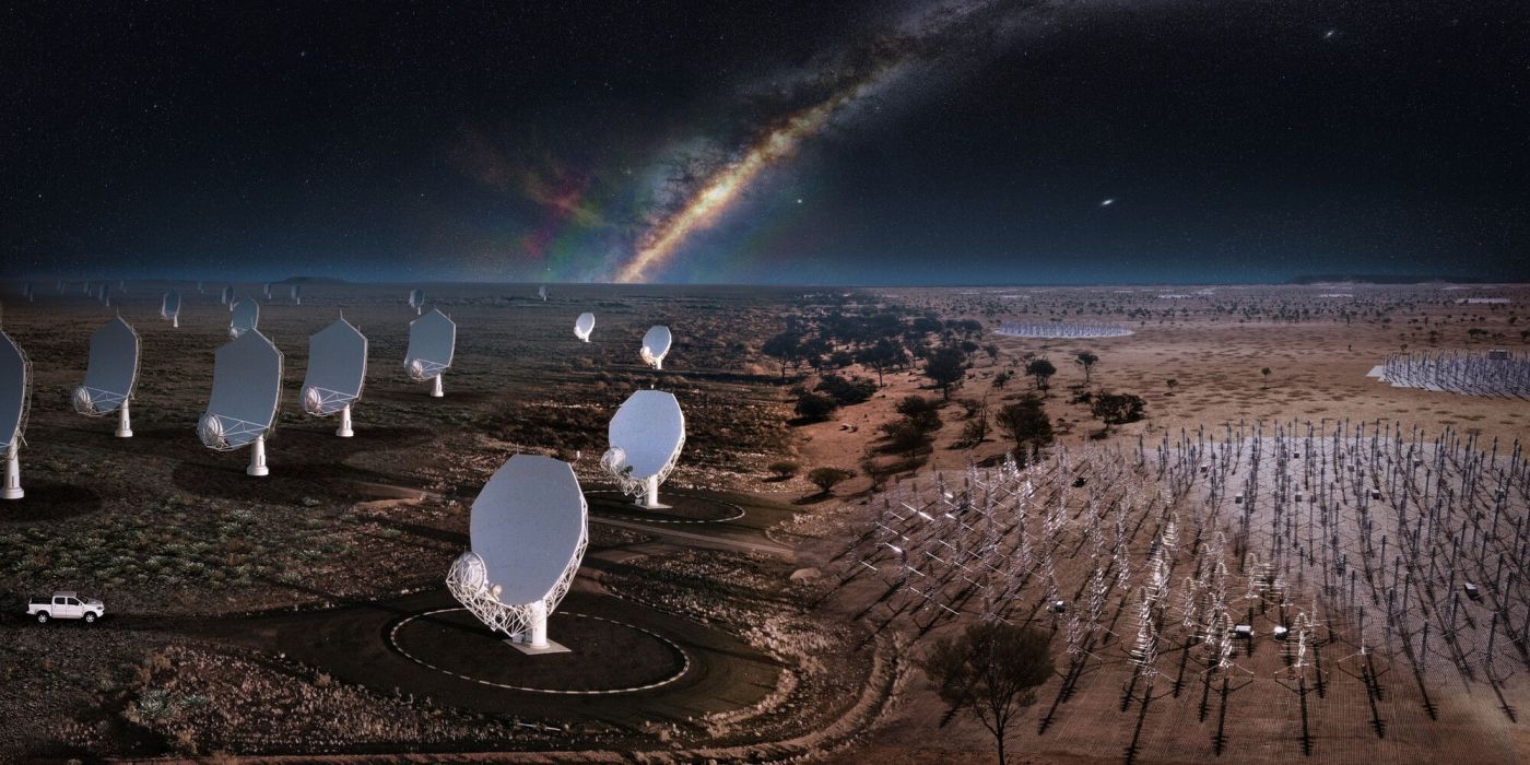 A composite image of the future SKA telescopes, blending what already exists on site with artist's impressions.  From left: An artist's impression of the future SKA-Mid dishes blend into the existing precursor MeerKAT telescope dishes in South Africa.  From right: A artist's impression of the future SKA-Low stations blends into the existing AAVS2.0 prototype station in Australia. Credit: SKAO
