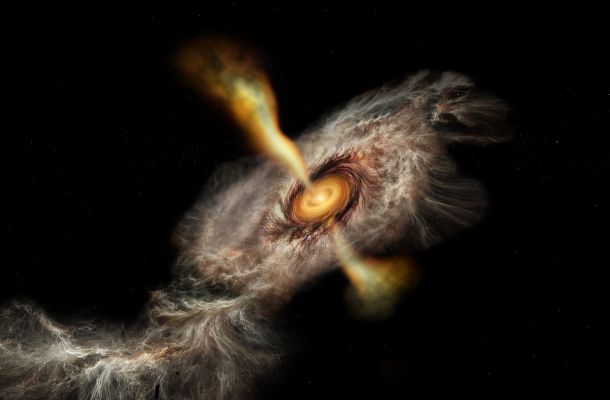 Interpretació artística de disc d'acreció i raigs de matèria. Crèdits: NSF/AUI/NSF NRAO/B. Saxton