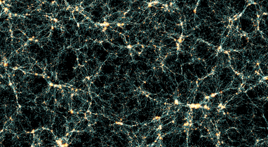 Image extracted from the Euclid Flagship simulations catalogue. Each dot represents a galaxy: blue points mark galaxies at the centers of dark matter clumps, while red points denote satellites within them. Collectively, they trace the large-scale mass distribution of the Universe, forming clumps, filaments, and voids. Credits: Jorge Carretero & Pau Tallada (Port d'Informació Científica) / Euclid Consortium). Image processed with the software Splotch.