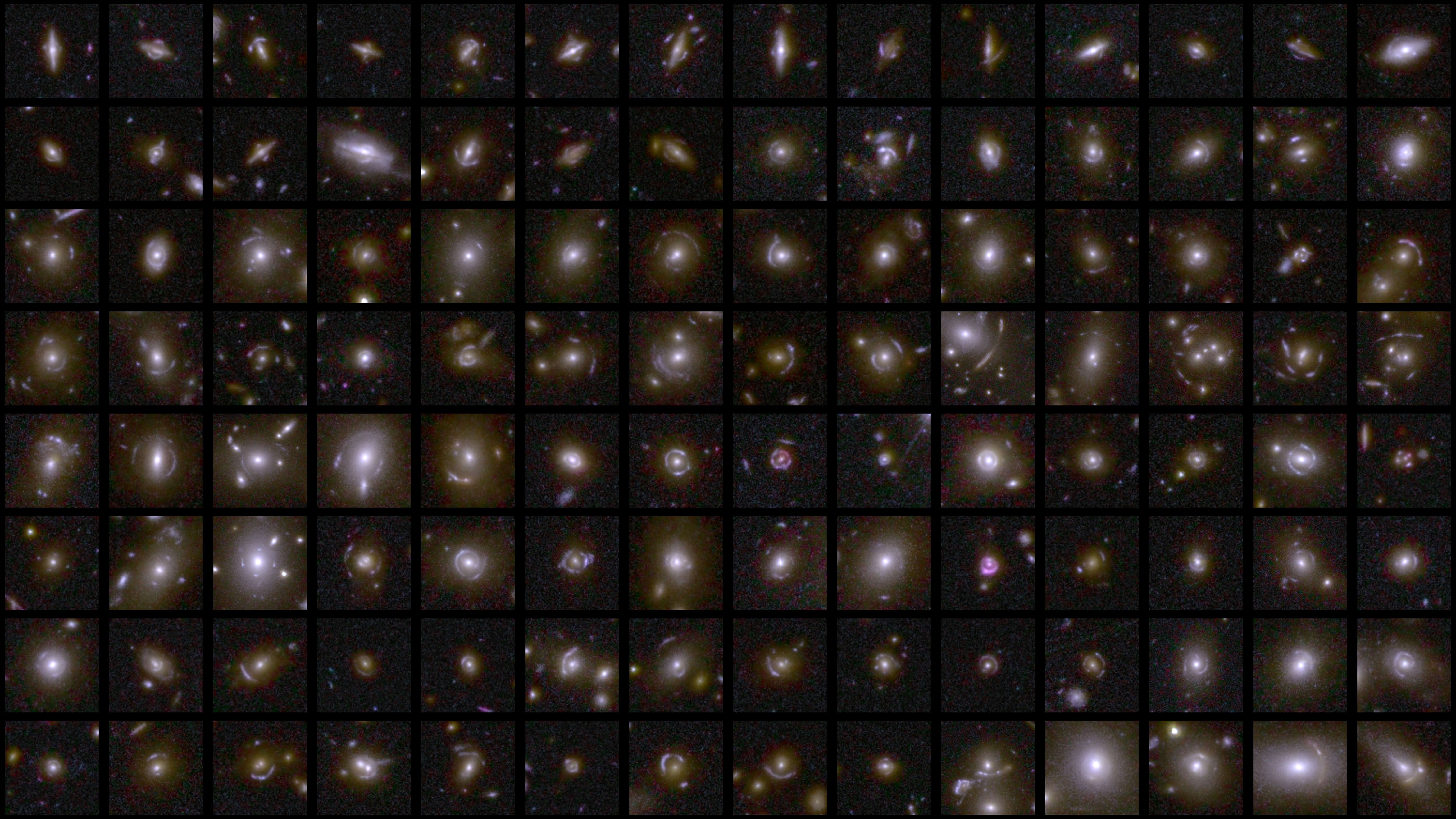 Examples of gravitational lenses that Euclid captured in its first observations of the Deep Field areas. Using an initial sweep by artificial intelligence models, followed by citizen science inspection, expert vetting and modelling, a first catalogue of 500 galaxy-galaxy strong lens candidates was created, almost all of which were previously unknown. Credits: ESA/Euclid/Euclid Consortium/NASA, image processing by M. Walmsley, M. Huertas-Company, J.-C. Cuillandre.