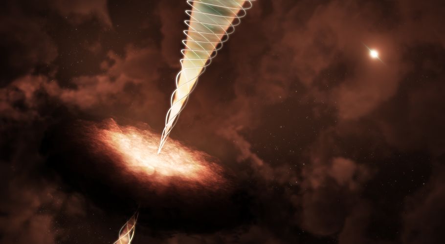 This artist's illustration shows the twisted, funnel-shaped magnetic field (represnted by white spiral lines) that ALMA detected wrapped around the gas outflow streaming from a young star embedded in the NGC 1333 IRAS 4A. New data revealed this ring-shaped structure in unprecedented detail, confirming a decades-old prediction of how magnetic fields launch and shape powerful jets from protostars. Image credit NSF/AUI/NSF NRAO/M. Weiss.  