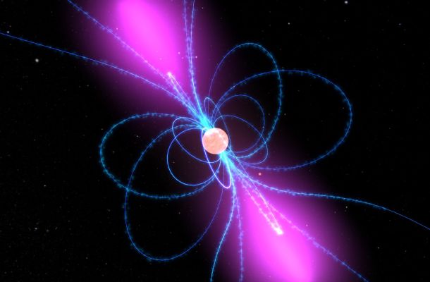 Imatge extreta d'una animació que mostra un púlsar girant, amb el seu intens camp magnètic girant alhora. Núvols de partícules carregades es mouen al llarg de les línies de camp. Els raigs gamma (en morat) són emesos com un far pels camps magnètics. Crèdits: NASA/Goddard Space Flight Center Conceptual Image Lab.