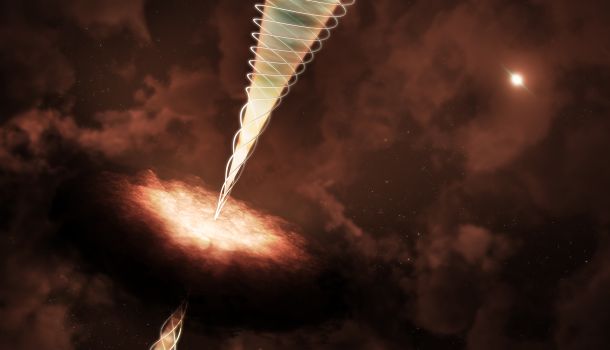 This artist's illustration shows the twisted, funnel-shaped magnetic field (represnted by white spiral lines) that ALMA detected wrapped around the gas outflow streaming from a young star embedded in the NGC 1333 IRAS 4A. New data revealed this ring-shaped structure in unprecedented detail, confirming a decades-old prediction of how magnetic fields launch and shape powerful jets from protostars. Image credit NSF/AUI/NSF NRAO/M. Weiss.  