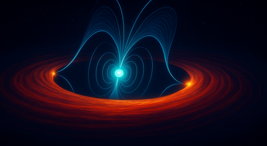 Artist’s impression of the central regions of the system PSR J1023+0038, showing the pulsar, the inner accretion disc and the pulsar wind. Credits: Marco Maria Messa (University of Milan and INAF-OAB) and Maria Cristina Baglio (INAF-OAB).