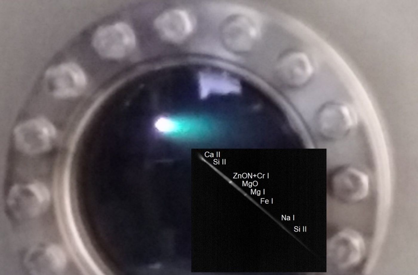 First order emission spectrum of the laser-induced ablation plume of a chondrite obtained in CSIC labs. Main emission lines are indicated.